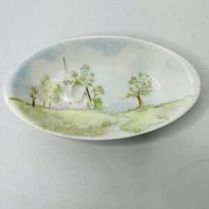 Hand Painted Oval Dish Ellen Wagner Signed Village Church Landscape Porcelain